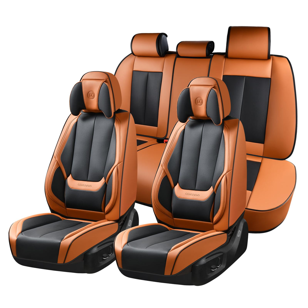 Coverado - Juego Completo de Fundas universales de Asiento para Coches, Fundas universales de 5 Asientos, Impermeables, de Piel de napa con Almohada para la Cabeza, Protectores de automóvil para la - A-Black &Brown (Pillow) - Conjunto completo