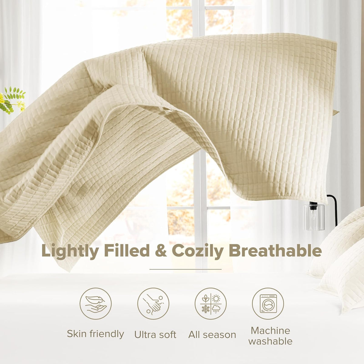 Comfort Spaces Kienna - Juego de edredón de Lujo de Doble Cara, diseño de Costura de Verano, Ligero, Suave, Capa de Ropa de Cama para Todas Las Estaciones, Funda a Juego, Marfil, Colcha