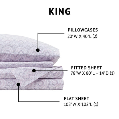 Comfort Spaces - Juego de sábanas de algodón de 144 hilos, transpirable, ligero, suave con bolsillo profundo elástico, ropa de cama moderna para todas las estaciones, funda de almohada a juego, King, morado Tabitha, 4 piezas