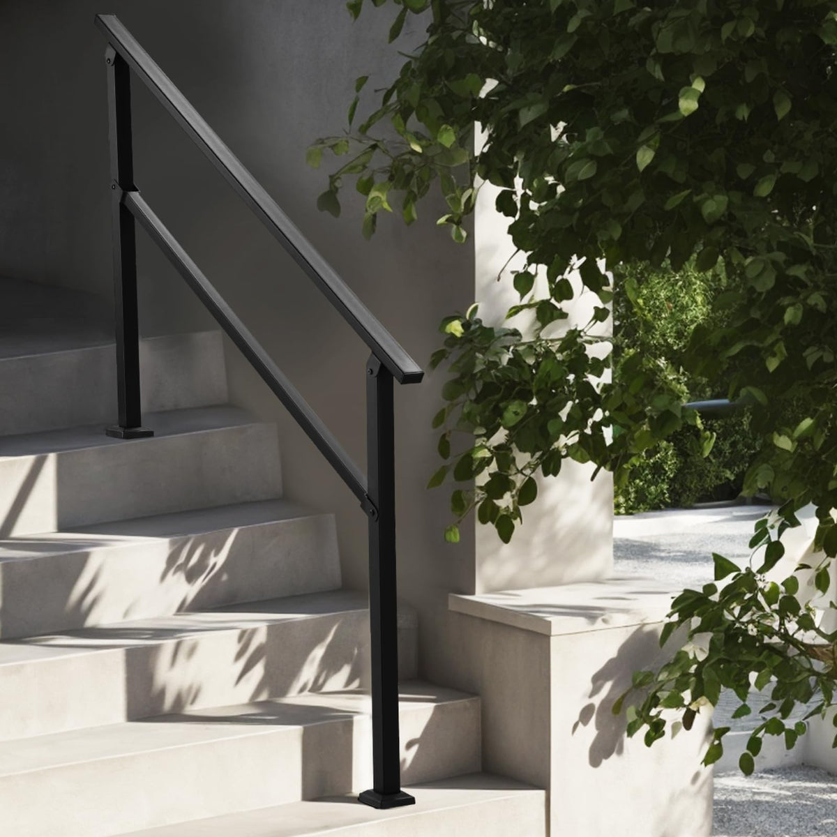 VEVOR Pasamanos de Exterior para Escalera Kit de para 4 a 5 Escalones Tubo Cuadrado con Barra Horizontal Rieles de Soporte de Acero al Carbono para Escaleras de Hormigón, Terraza, Negro