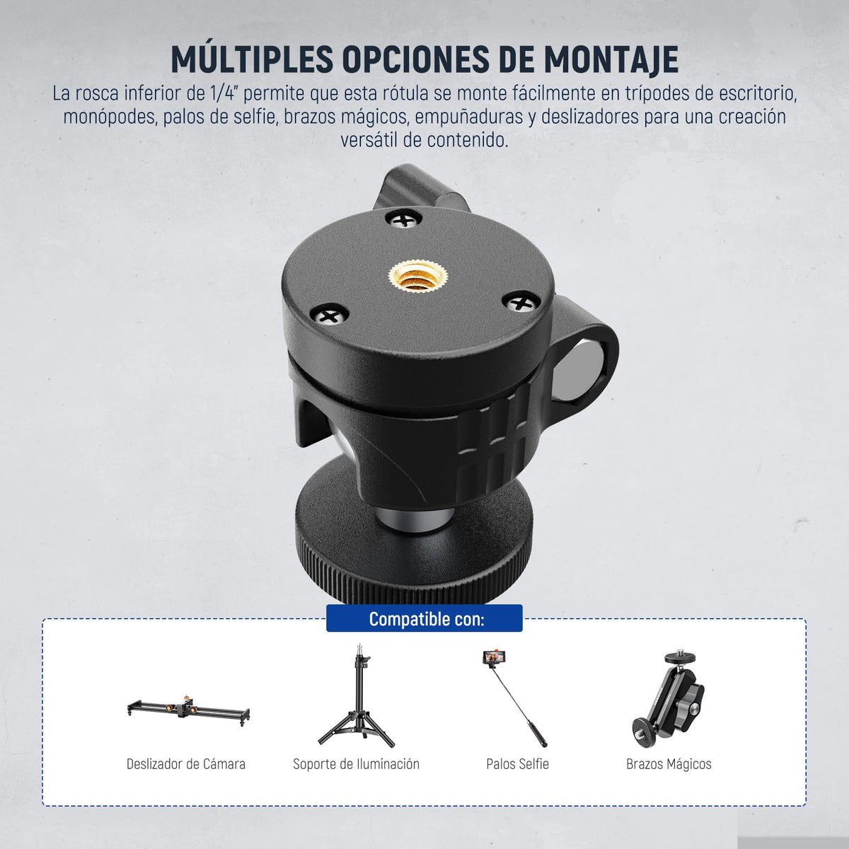 NEEWER BÁSICO Mini Rótula, Adaptador Montaje para Trípode Portátil con Tornillo 1/4" para Cámara Acción DSLR Compacta, Aro Luz LED, Monopié Deslizante, Carga Máx 2 kg, 60° Swivel & 90° Tilt, GM01