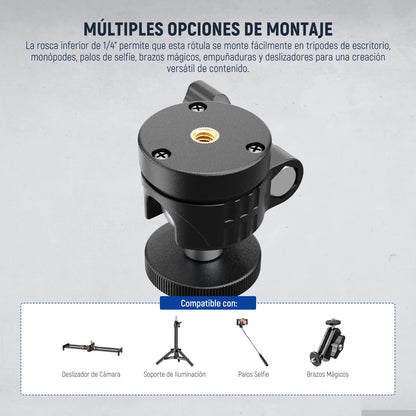 NEEWER BÁSICO Mini Rótula, Adaptador Montaje para Trípode Portátil con Tornillo 1/4" para Cámara Acción DSLR Compacta, Aro Luz LED, Monopié Deslizante, Carga Máx 2 kg, 60° Swivel & 90° Tilt, GM01