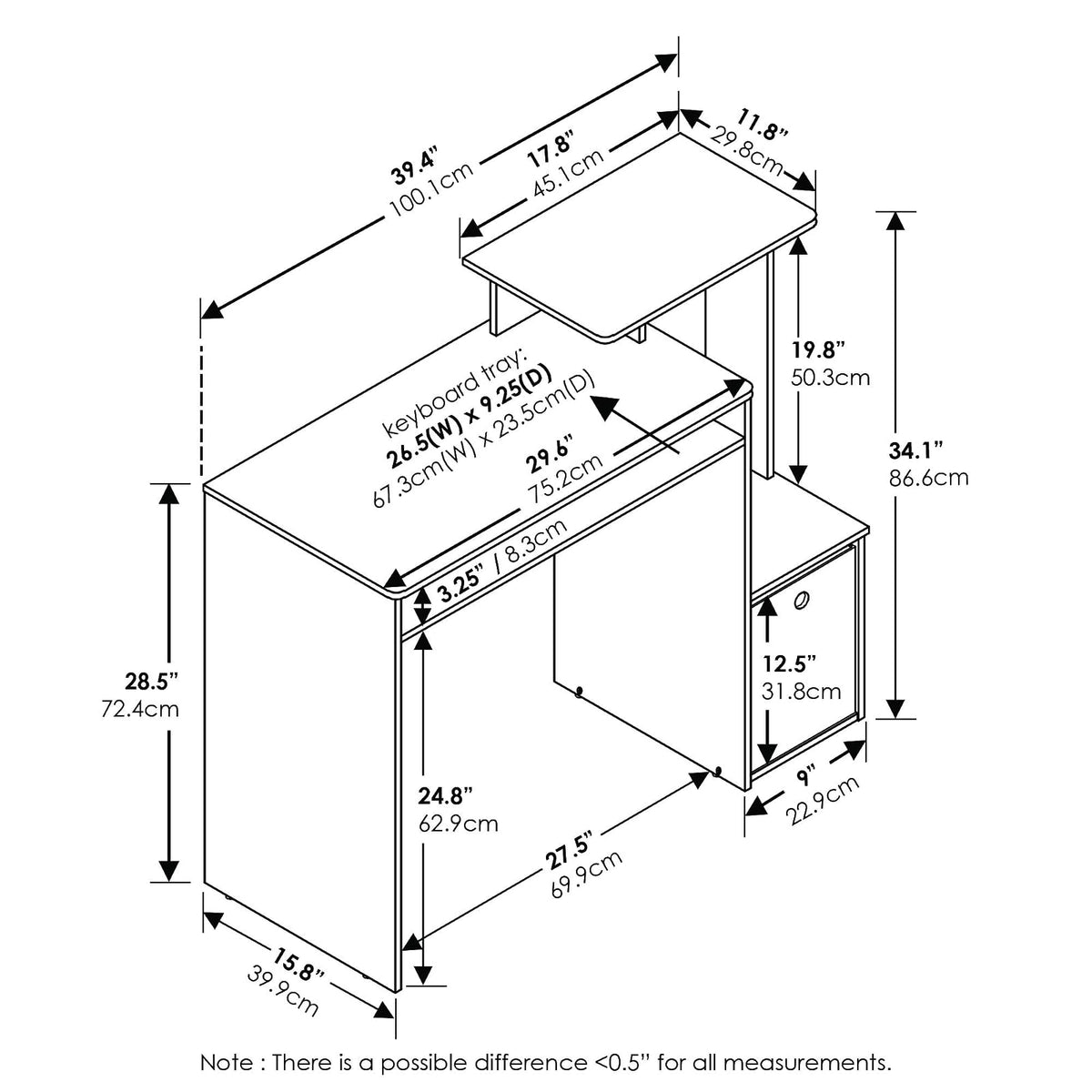 Furinno Econ Escritorio de Computadora Multifuncional para Oficina en Casa con Contenedor, Blanco con Negro