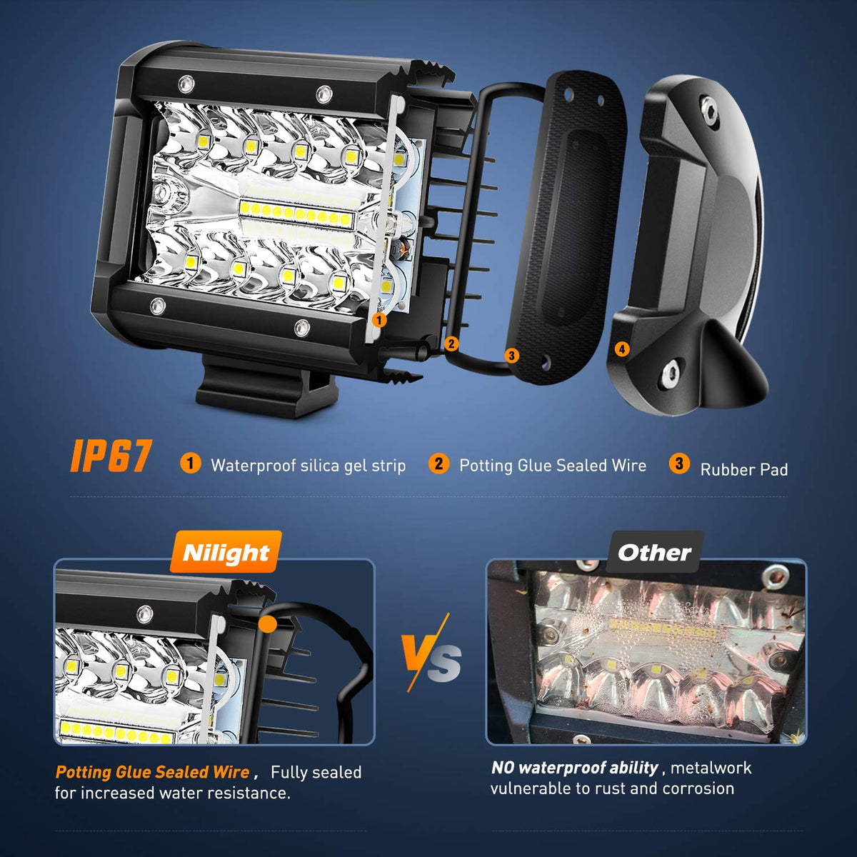 Nilight ZH416-4 Unidades de 4 Pulgadas 60 W de Triple hilera de Punto de inundación Combo de 6000 LM, Barra de luz LED de conducción de Barco con arnés de cableado de 16 AWG, 4 Cables