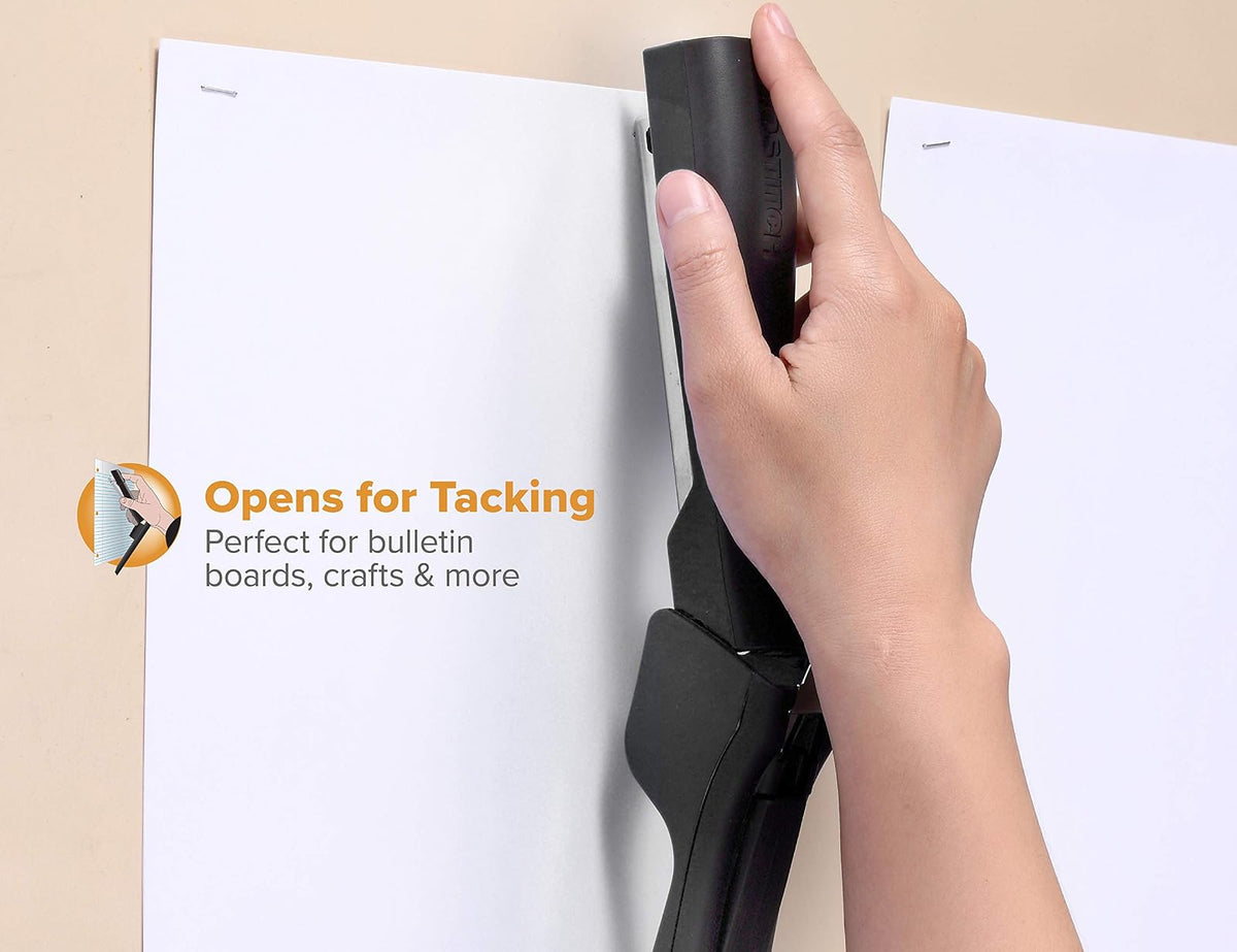 Bostitch Office Eco-Friendly Dynamo - Grapadora de pie 4 en 1, incluye 420 grapas, capacidad de 20 hojas, sacapuntas de lápiz integrado, removedor de grapas y almacenamiento de grapas, color negro