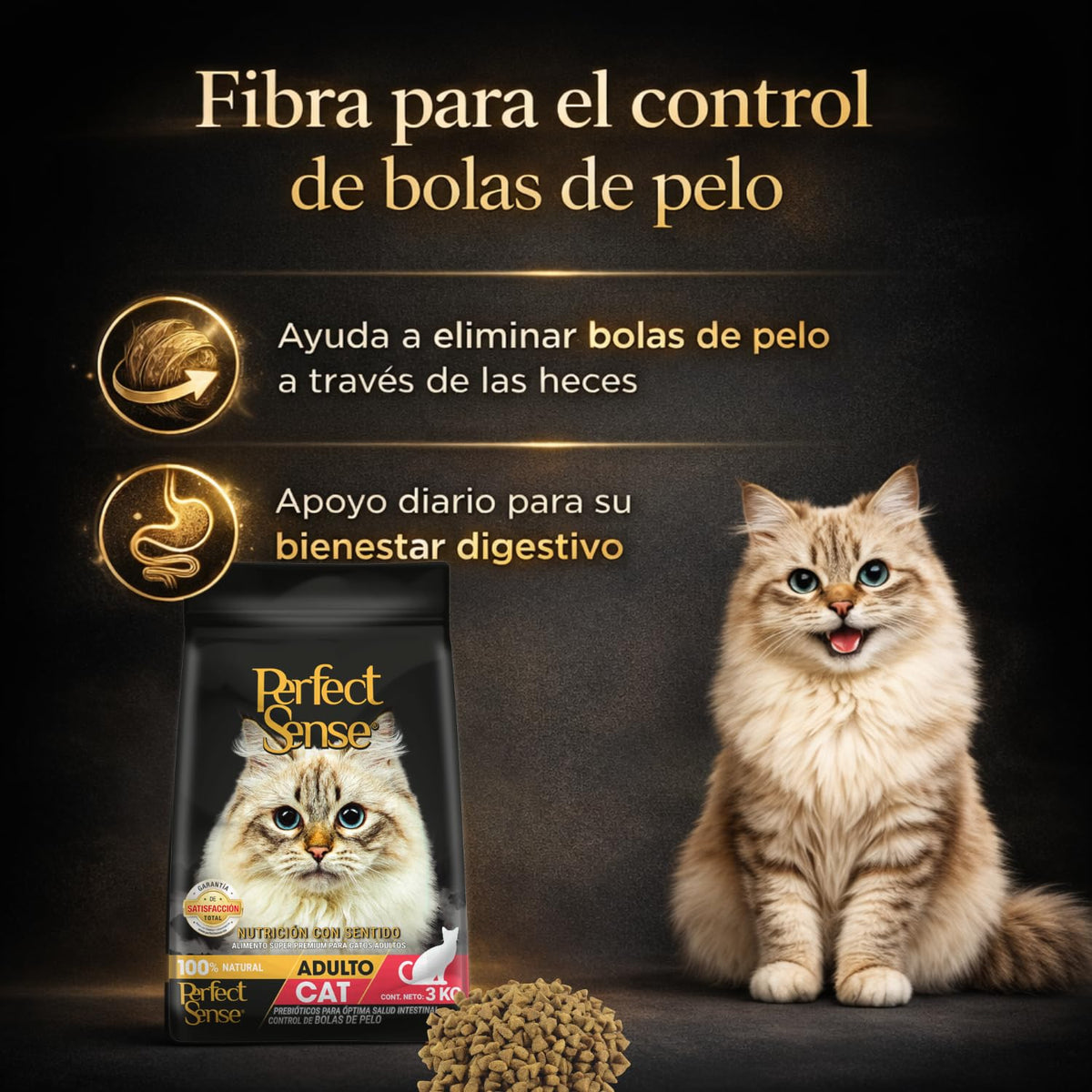Perfect Sense Alimento Premium para Gato 3 kg - 100% Natural con Taurina, Omega 3, Prebióticos y Fibras Naturales para Pelaje Saludable y Control de Bolas de Pelo