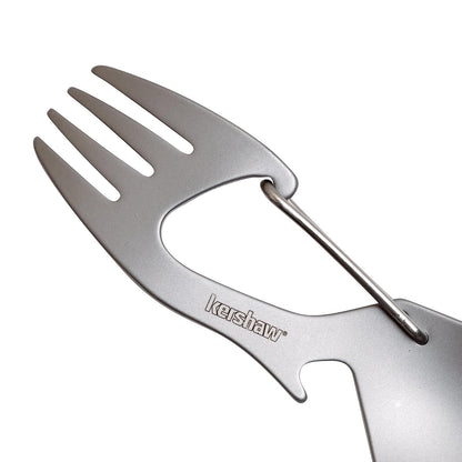Kershaw Ration - Espátula Multiherramienta, Cuchara de Acero Inoxidable, Tenedor, mosquetón y abridor de Botellas, Longitud Regular y XL