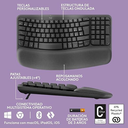 Logitech Wave Keys, Teclado ergonómico inalámbrico con reposamanos Acolchado, Escritura Confortable y Natural, Easy-Switch, Bluetooth, Logi Bolt, multisistema, Windows/Mac - Grafito