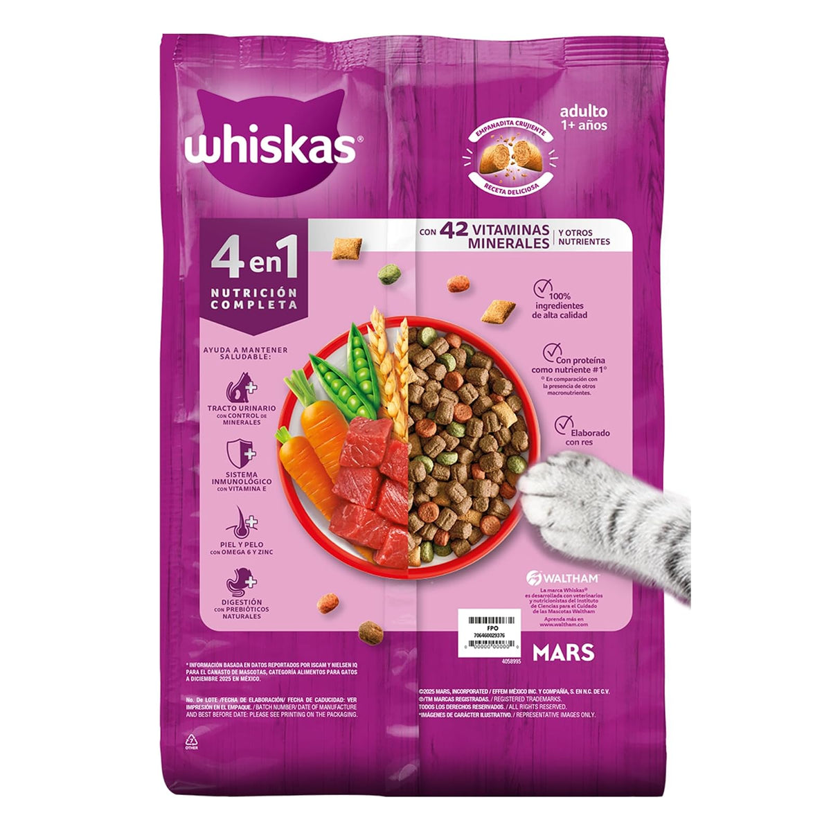 Whiskas Alimento Seco para Gatos Adultos 4 en 1, 100% Nutrición Completa y – Sabor Carne 3kg