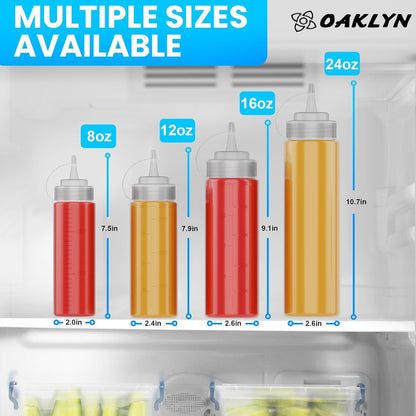 Oaklyn - Botellas exprimidoras de 8 onzas, paquete de 6 – Botellas reutilizables de condimentos para salsas, líquidos, sin BPA, diseño a prueba de fugas, botellas de plástico fáciles de limpiar con