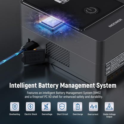 NEEWER Mini V Mount Battery Batería,6800mAh 99Wh V Lock Battery,PD65W Carga Rápida/D-Tap/BP/USB-A/Doble Puerto DC/Pantalla OLED para Camcorder Video Camera Compatible con SmallRig BMPCC 4k 6k, PS099E
