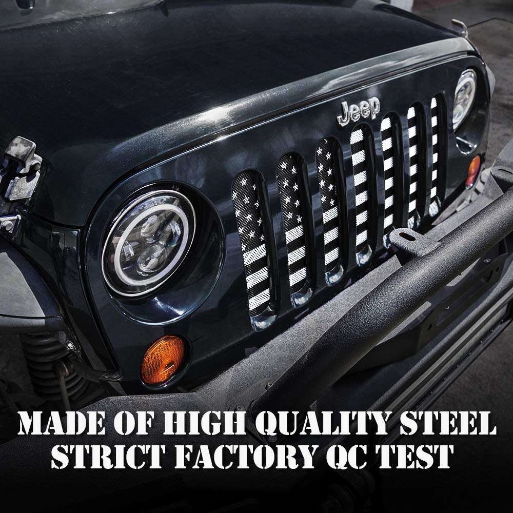 Xprite - Rejilla de aleación de aluminio con bandera de Estados Unidos en blanco y negro compatible con Jeep Wrangler JK Stock Grille 2007-2018