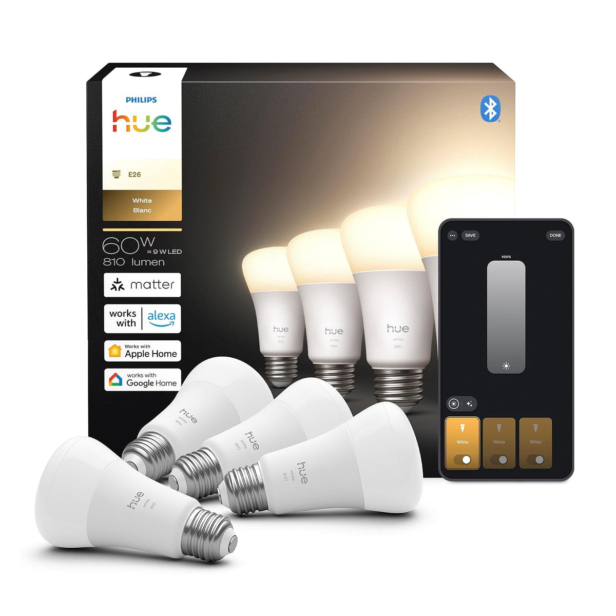 Foco LED Inteligente Philips Hue A19 Blanca Cálida - Renovado - Paquete de 4