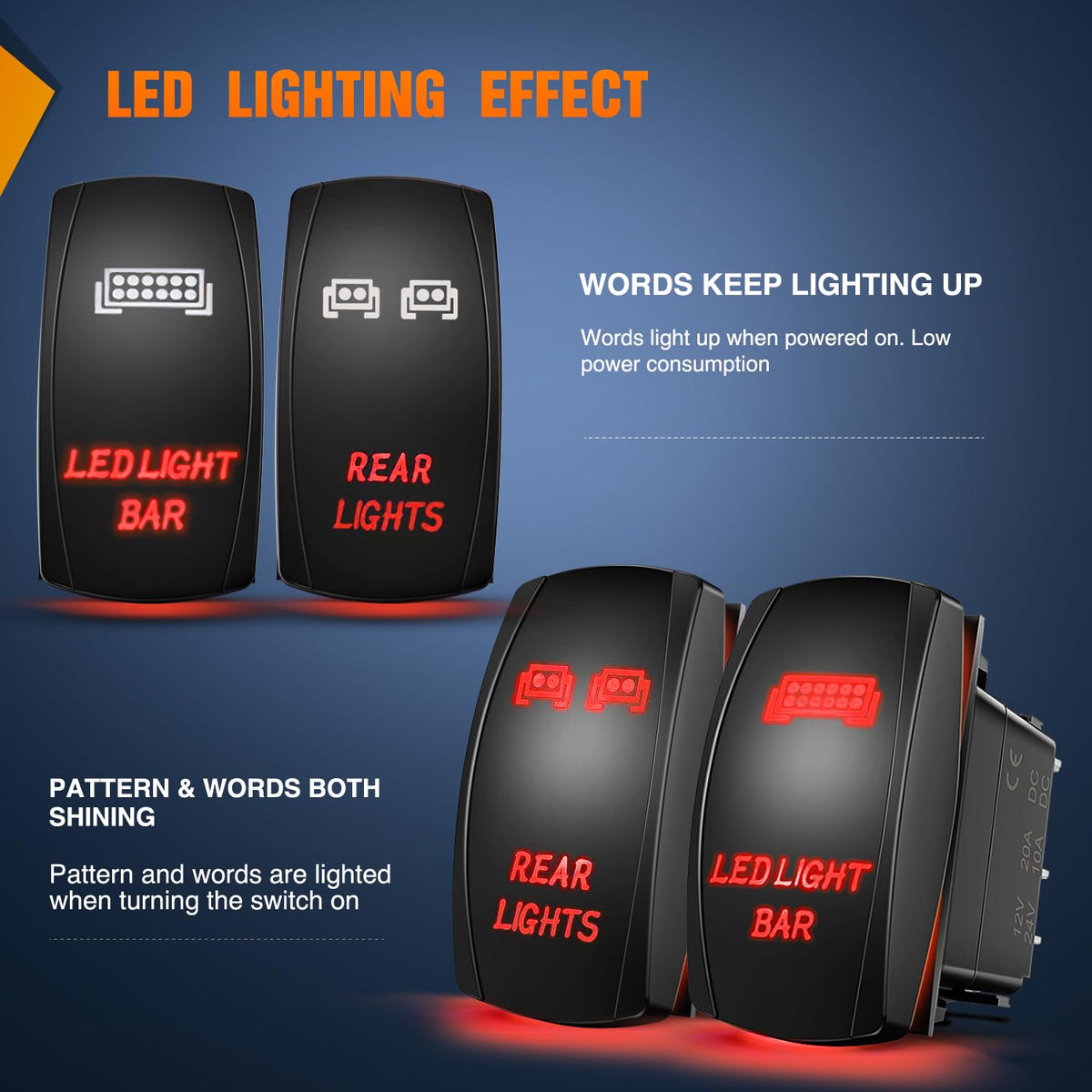 Nilight - Juego de 2 luces traseras, interruptor , barra de luz LED de 5 pines, interruptor SPST, 20 A/12 V, 10 A/24 V, LED rojo con cable de puente para coches, camiones, barcos, vehículos