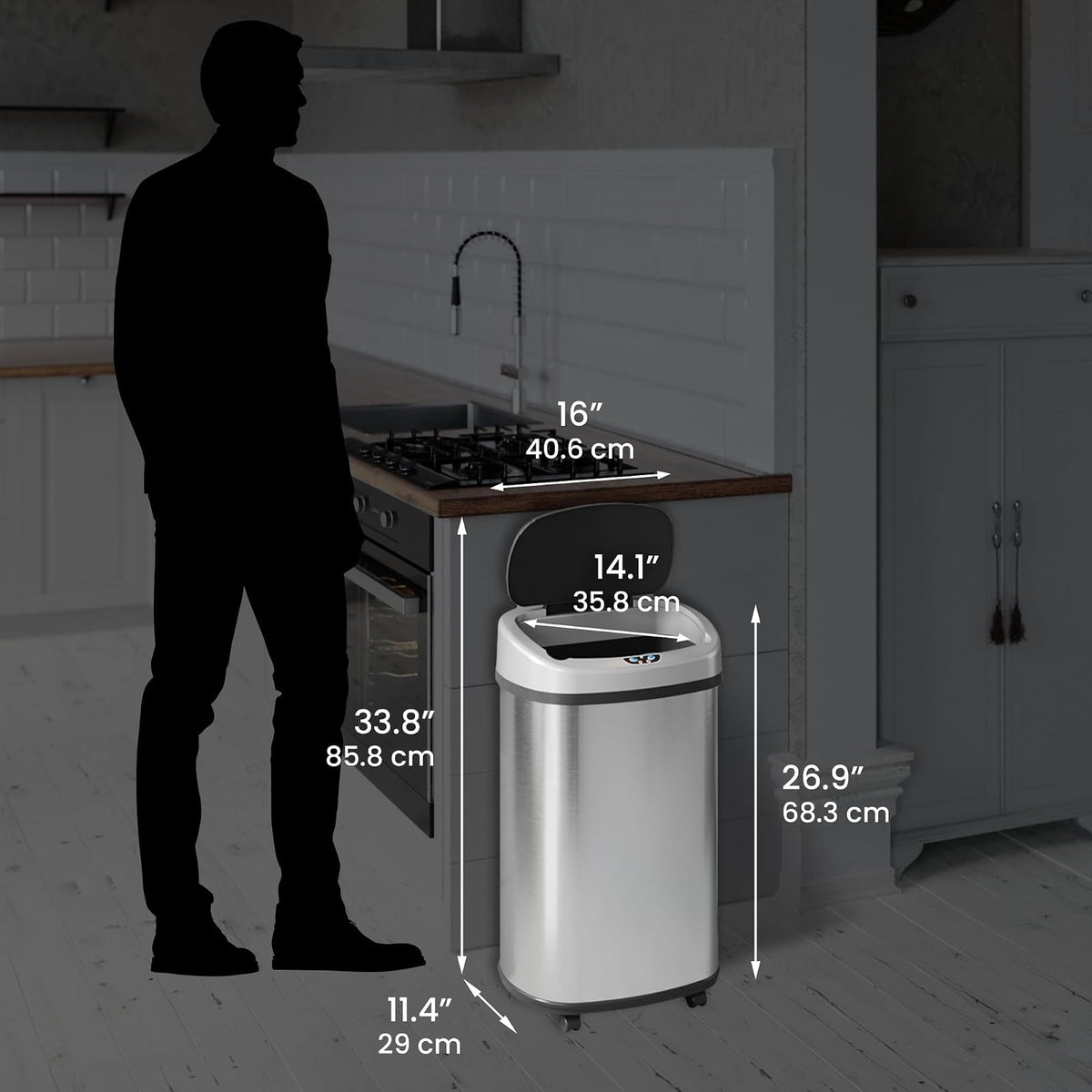 SensorCan - cubeta de basura con sensor de 13 galones con ruedas y sistema de control de olores AbsorbX, acero inoxidable, forma ovalada automática de cocina y oficina (alimentado por batería u adaptador de CA opcional)