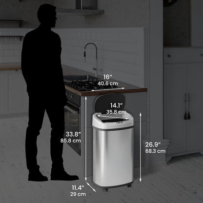 SensorCan - cubeta de basura con sensor de 13 galones con ruedas y sistema de control de olores AbsorbX, acero inoxidable, forma ovalada automática de cocina y oficina (alimentado por batería u adaptador de CA opcional)