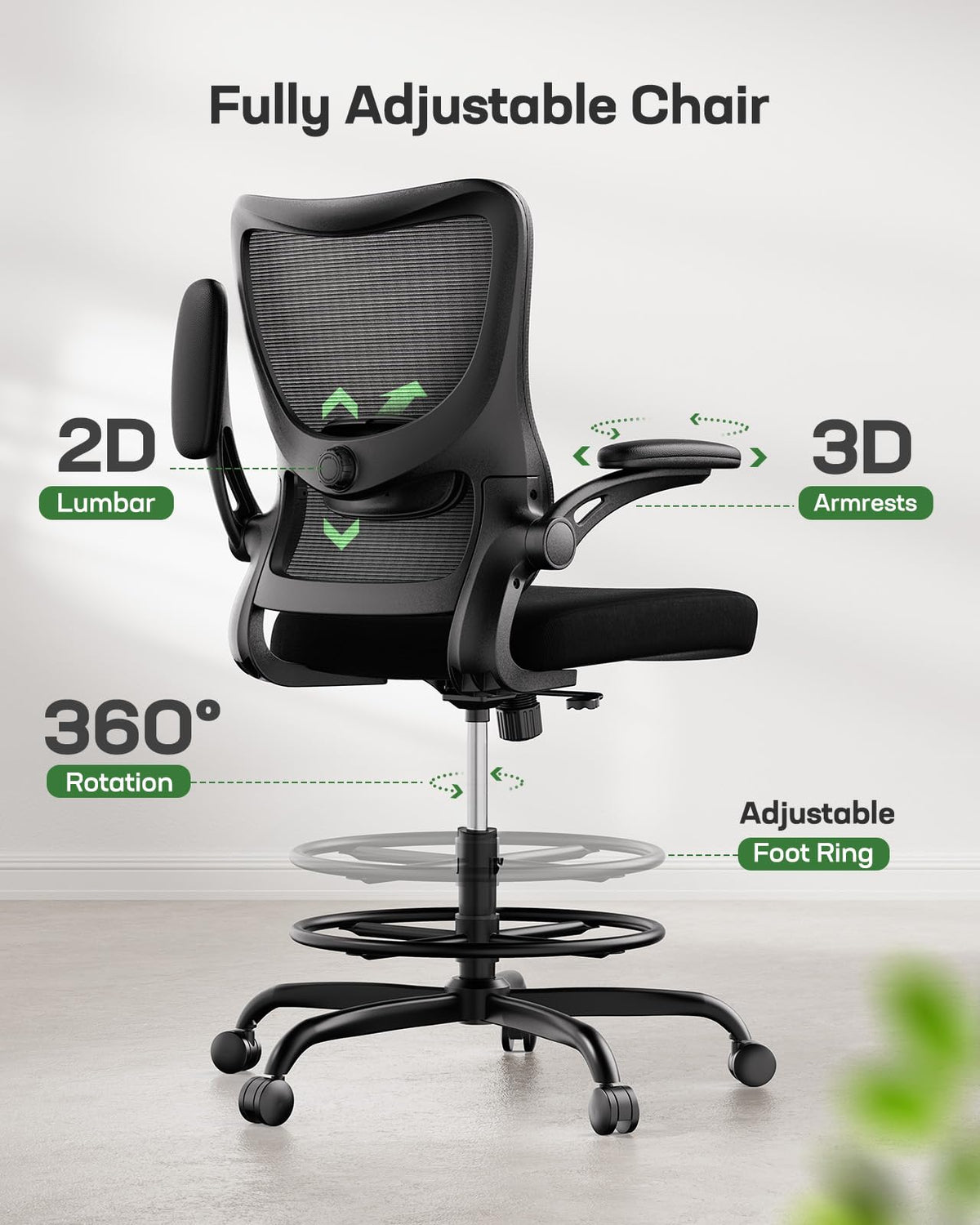 Marsail - Silla de dibujo, silla de oficina alta con soporte lumbar 2D, silla de computadora de pie, silla de oficina alta con reposabrazos abatibles acolchados y anillo de reposapiés ajustable, color