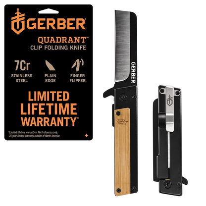 Gerber Quadrant Cuchillo de aleta de filo recto, con clip de bolsillo | Hoja de acero inoxidable, mango de bambú, clip de bolsillo, apertura abierta, transporte diario, cuchillo de supervivencia