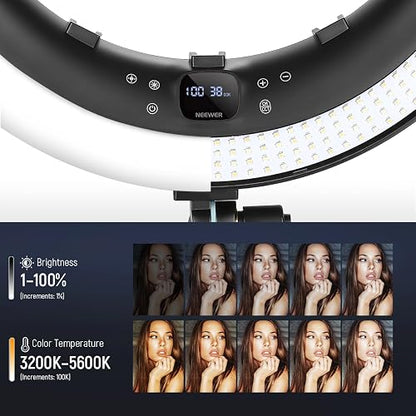 NEEWER Aro de Luz RP19H 19 inch con Trípode y 3 Soporte Móvil, 2.4G Actualizado y Control Táctil, Atenuación Suave al 1%, 42W CRI 97+ 2540lux, Profesional para Streaming Home Office Zoom Call Lighting