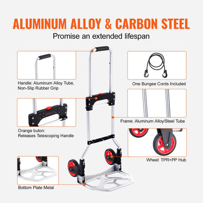 VEVOR - Camión de Mano Plegable, Capacidad de Carga de 80 kg, Carro portátil de Aluminio, camión de Mano Convertible y Carro con asa telescópica y Ruedas de Goma, Ultraligero, súper Fuerte para