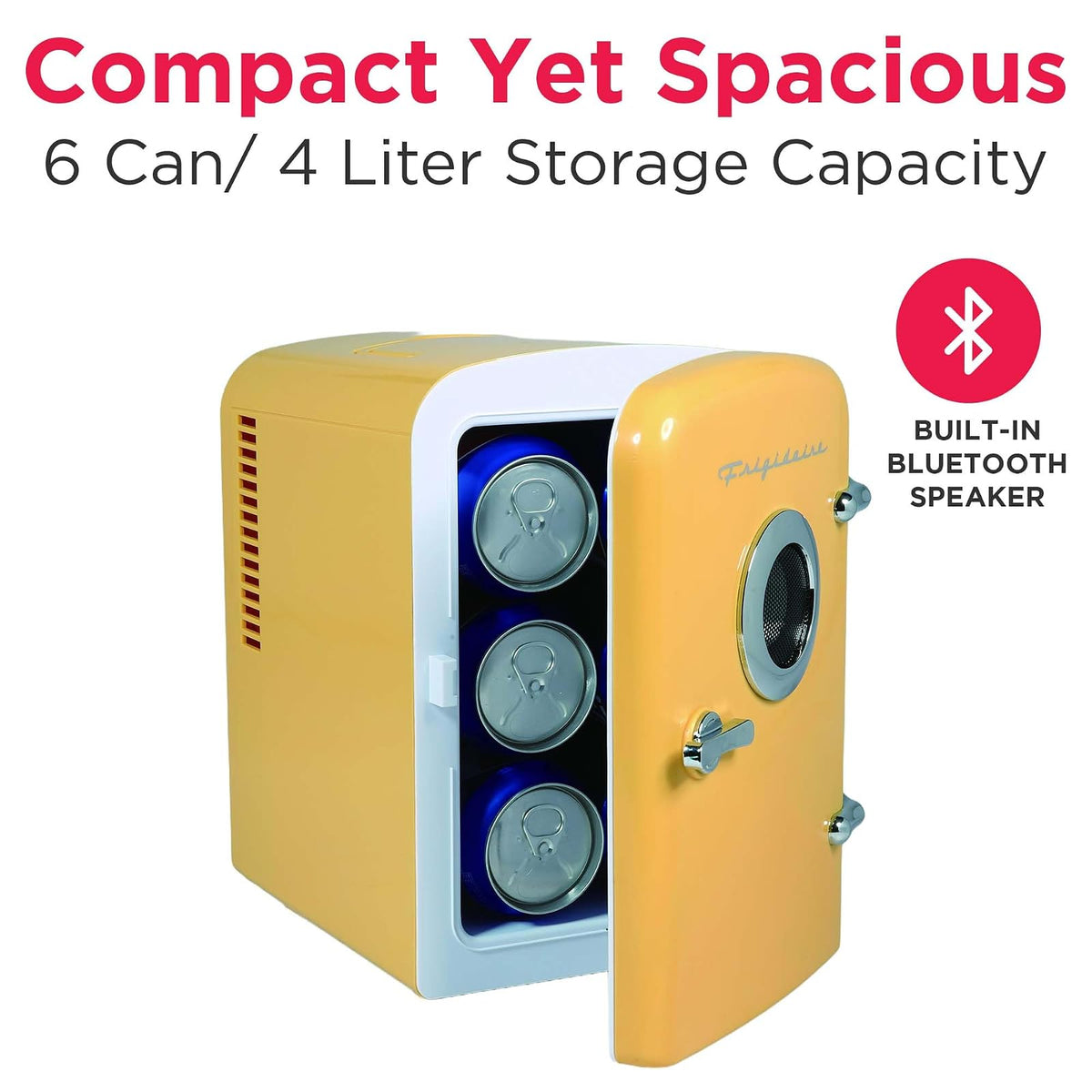 Frigidaire Curtis EFMIS151 Mini Portable Compact Personal Cooler Fridge, 4 Liter Capacity, 6 Cans, Makeup, Skincare, Freon-Free & Eco Friendly, Includes Home Plug & 12V Car Charger, Yellow
