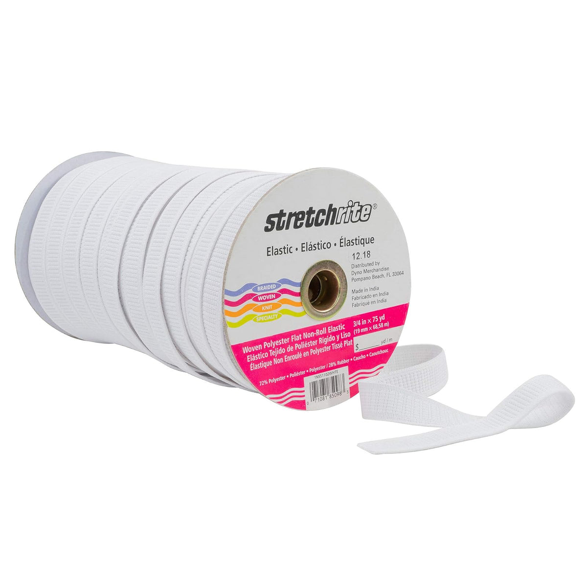 Stretchrite Bobina elástica de poliéster Tejida, 3/4 Pulgadas por 75 Yardas, Color Blanco