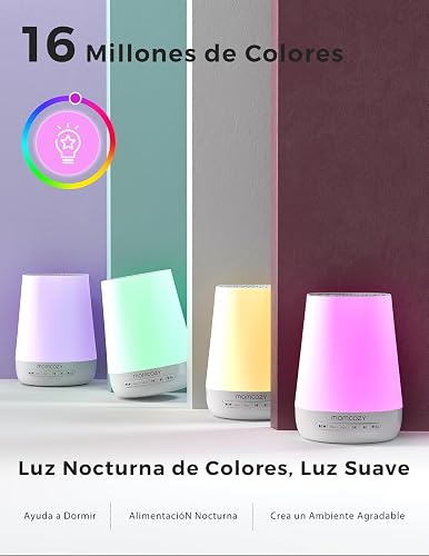 Máquina de sonidos para bebés Momcozy con Luz Nocturna | Entrenador de sueño para niños con 34 sonidos relajantes, temporizador, control por app, rutina de sueño, Blanco