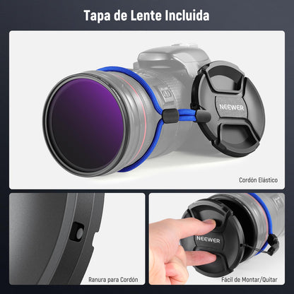 NEEWER 82mm Filtro ND Variable ND2-400 (1-9 Paradas) con Tapa de Lente, Cordón, Paño de Limpieza, Ajuste Preciso de Densidad Neutra, Vidrio Optico Multicapa Resistente a Huellas Dactilares y Rayones