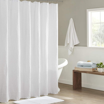 Madison Park Arlo 100% Cotton Shower Curtain, Texture Waffle Weave Design 800 gsm Hotel Quality, Soft Trendy Bathroom Décor, Machine Washable, Bathtub Fabric Privacy Screen, 72" x 72", White