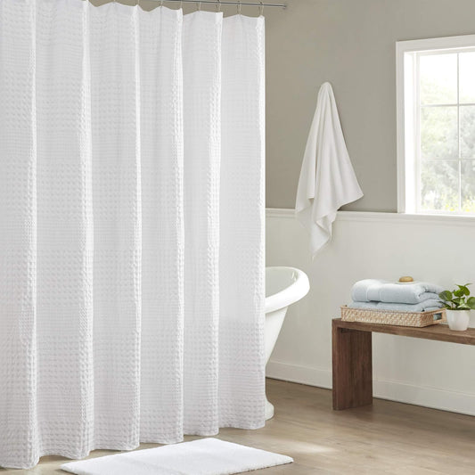 Madison Park Arlo 100% Cotton Shower Curtain, Texture Waffle Weave Design 800 gsm Hotel Quality, Soft Trendy Bathroom Décor, Machine Washable, Bathtub Fabric Privacy Screen, 72" x 72", White