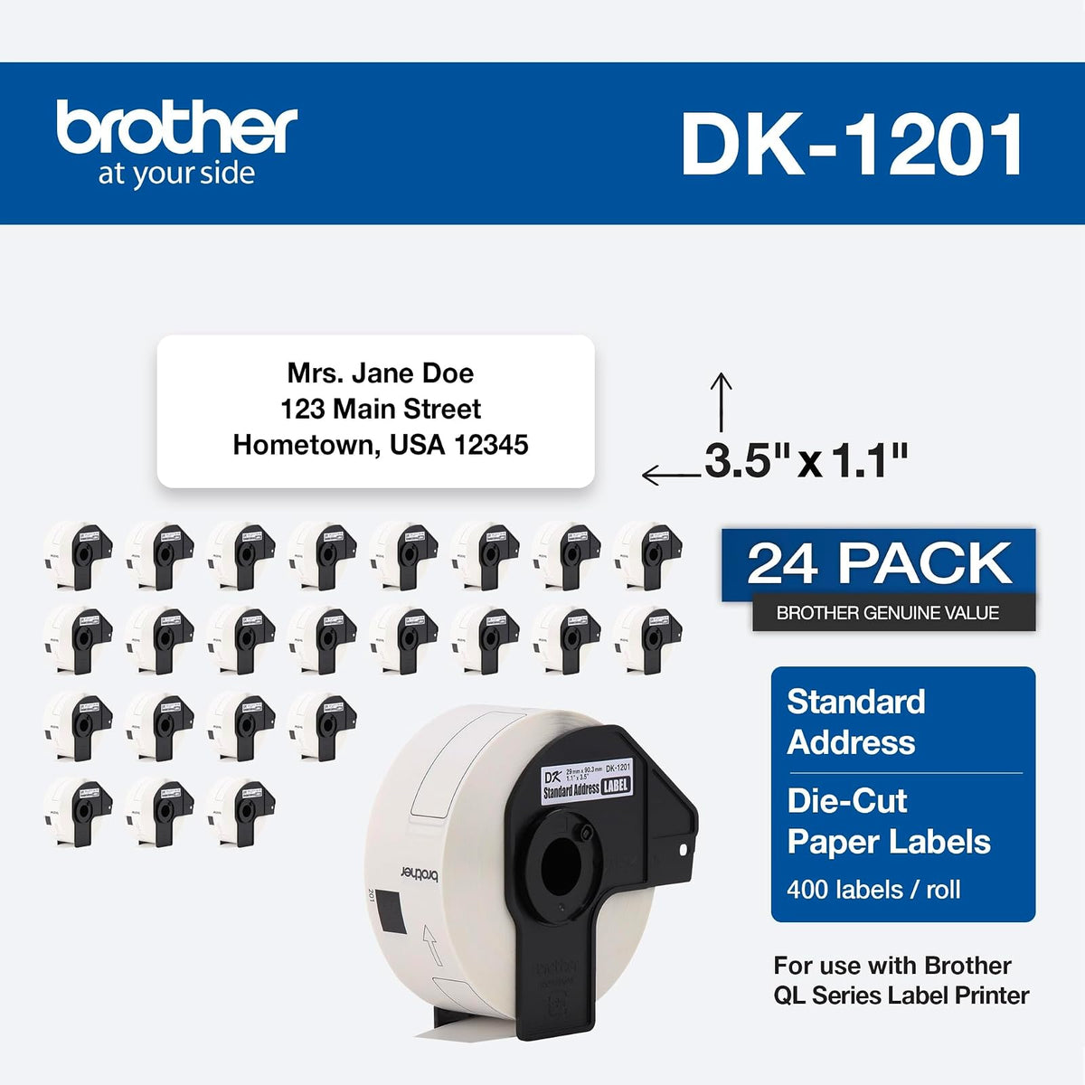 Brother DK1201 - Etiquetas de dirección enrolladas estándar troqueladas para impresoras QL, paquete de 3 (DK12013PK), color blanco, 24 rollos (DK120124PK)