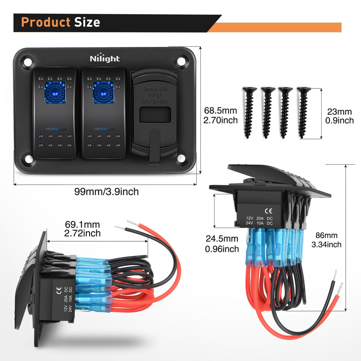 Nilight 90116C - Panel de Interruptor de 2 Bandas con Cargador USB Dual 4.8A y Voltímetro 12-24V CC
