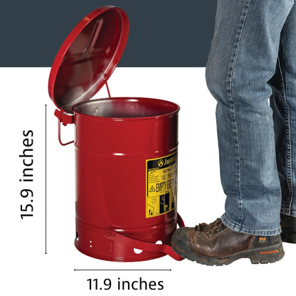 Justrite 09100; Galvanized-steel; Safety cans; For Oily waste; Red; Foot Operated cover; Raised, ventilated Bottom; Reinforced ribs; Self-closing; UL listed; FM approved; Capacity: 6 gal. (23L)