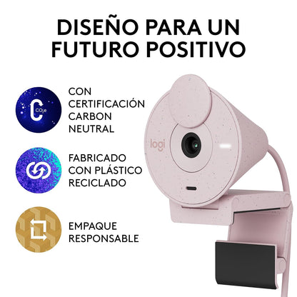 Logitech Brio 300 Cámara Web HD con Obturador de privacidad, Mic con reducción de Ruido, USB-C, Certificado para Zoom, Microsoft Teams, Google Meet, corrección automática de luz - Rosa