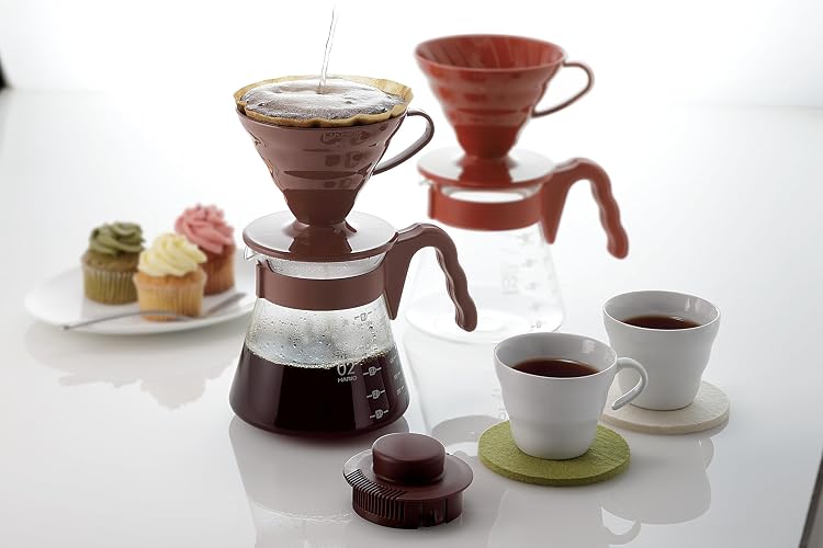 Hario V60 Pour Over Starter Set with Dripper, Glass Server, Scoop and Filters, Size 02, Brown