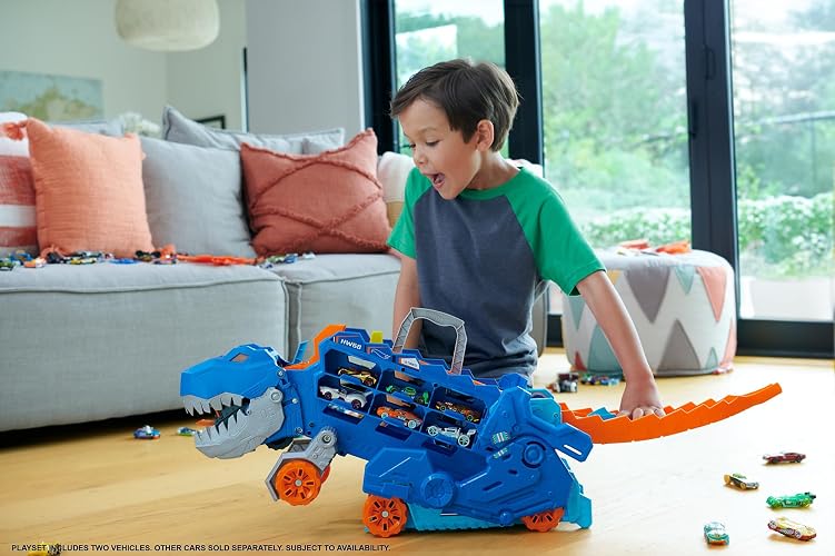 Hot Wheels Pista City Súper Remolque T-Rex con Luces y 2 Autos Incluidos para Niños de 4 Años