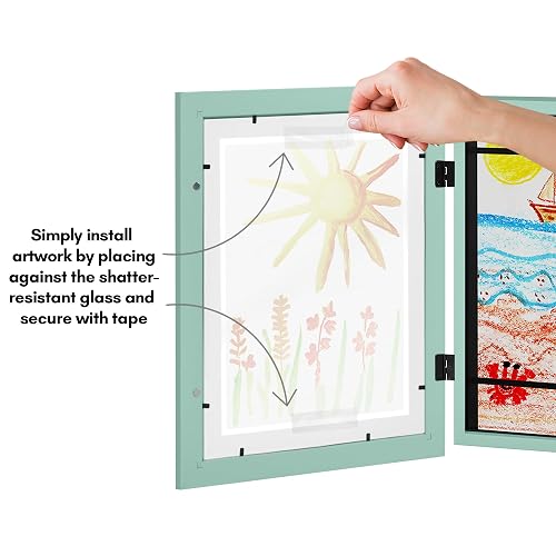 Marco de obras de arte para niños cambiable (verde marino) – Puerta magnética con capacidad para 100 piezas de arte, visualización de tamaño carta de 8.5 x 11 pulgadas con alfombrilla o 10 x 12.5