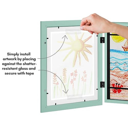 Marco de obras de arte para niños cambiable (verde marino) – Puerta magnética con capacidad para 100 piezas de arte, visualización de tamaño carta de 8.5 x 11 pulgadas con alfombrilla o 10 x 12.5