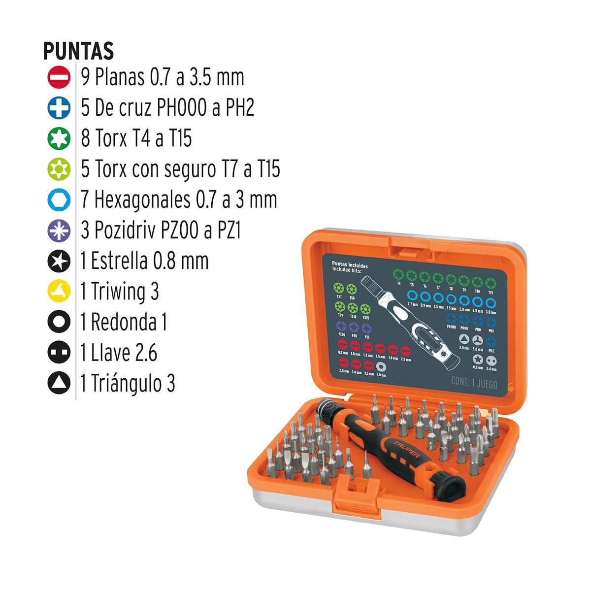 TRUPER JOY-43, Juego desarmadores de joyero, punta intercambiable, 42 pzas