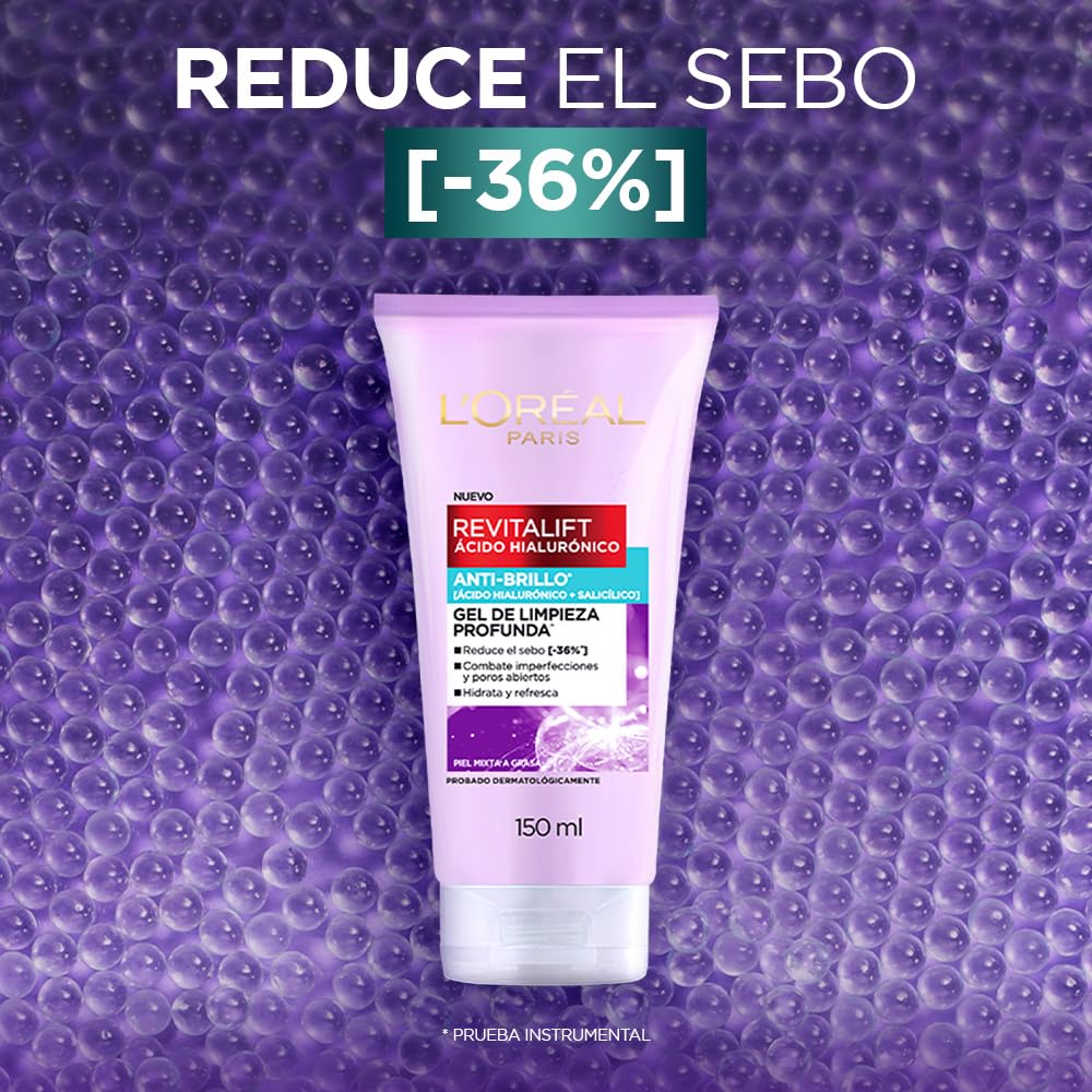 L'Oreal Paris Revitalift Ácido Hialurónico Gel de Limpieza Profunda Anti Brillo, con Ácido Salicílico para Control de Brillo y con Ácido Hialurónico para Hidratar, Ideal para Piel Grasa, 150 ml