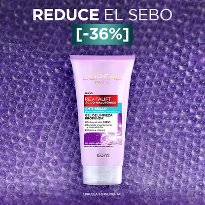 L'Oreal Paris Revitalift Ácido Hialurónico Gel de Limpieza Profunda Anti Brillo, con Ácido Salicílico para Control de Brillo y con Ácido Hialurónico para Hidratar, Ideal para Piel Grasa, 150 ml