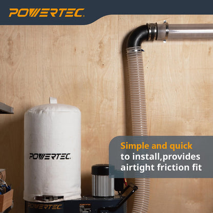 POWERTEC 70460 Conector de manguera de polvo de codo de 4 pulgadas y 90 grados y puño flexible de control de polvo de 4 pulgadas con abrazaderas de manguera de acero, acoplador de puño de goma para