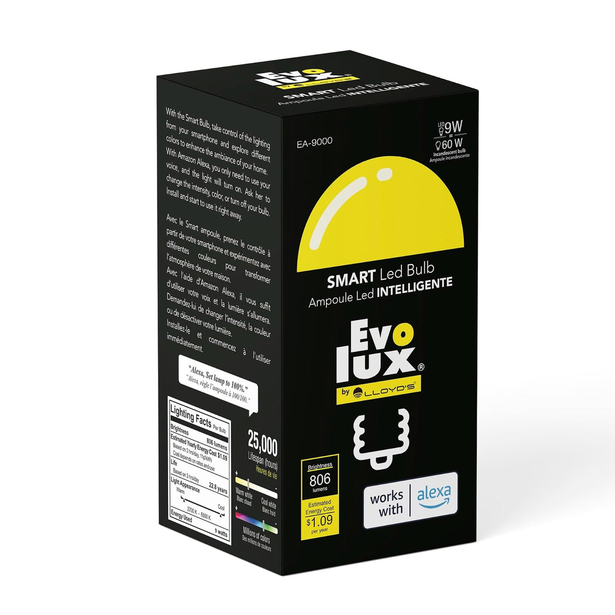 Evolux by Lloyd's Foco LED Inteligente, WiFi A19, Configuración Automática, Redes de 2.4 GHz, Dimmeable, Compatible con Alexa, Multicolor + Luz Blanca Fría y Cálida