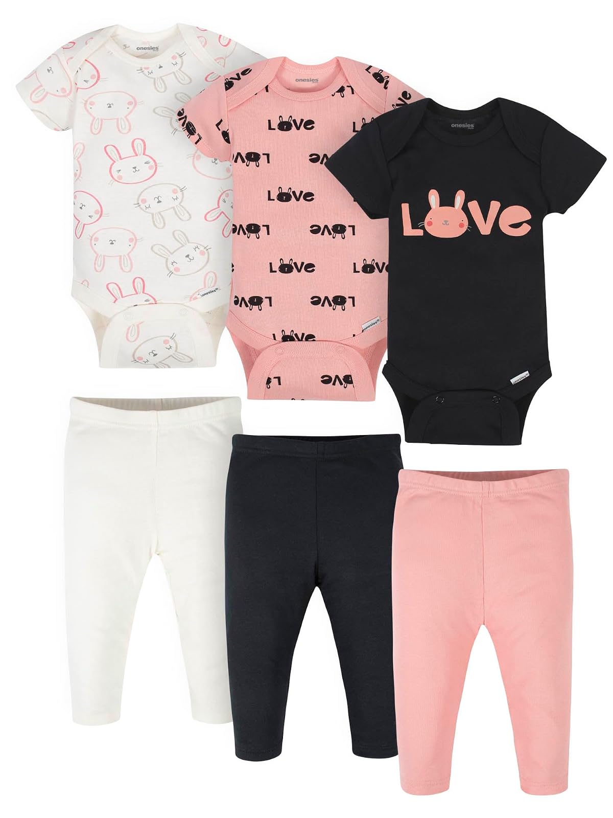 Onesies Brand Conjunto de 3 Mamelucos y 3 Pantalones para Bebé Niño - Estampado de conejito rosa - 6-9 Meses