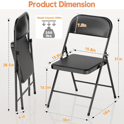Paquete de 4 sillas Plegables Negras con cojín y Respaldo Acolchados, cómodo Asiento Acolchado con Marco de Metal Duradero, Silla Plegable portátil apilable para el hogar, Oficina, Fiesta, Eventos