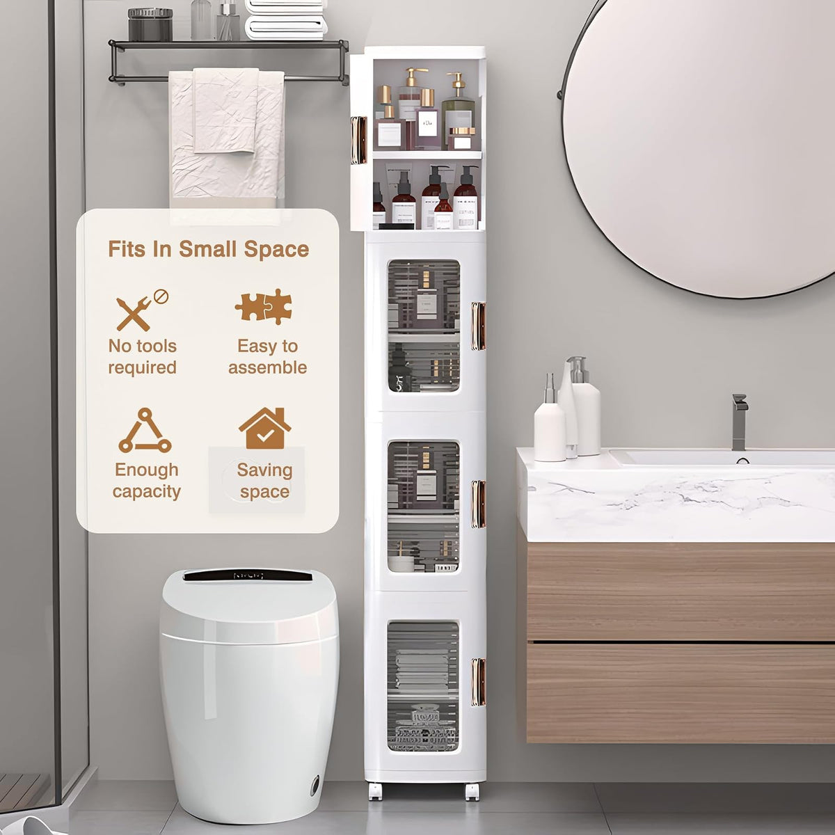 VECELO - clóset de Almacenamiento Estrecho de plástico de 4 Niveles Alto con Ruedas móviles, estantes Ajustables, Puertas magnéticas, organizadores de baño Delgados y Almacenamiento para Espacios