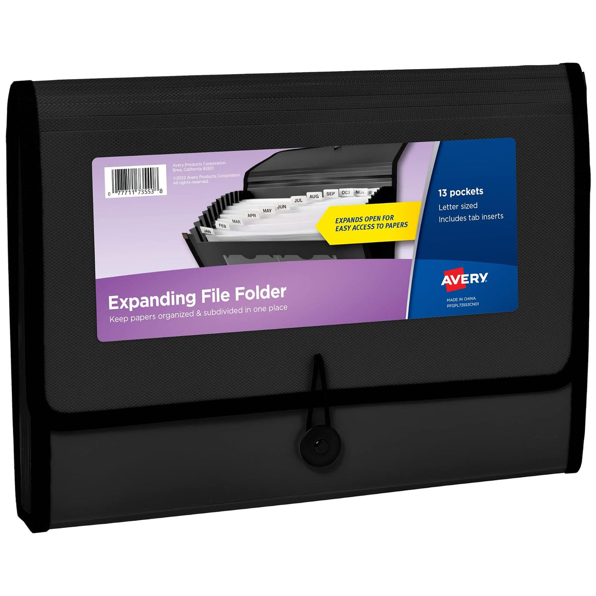Avery Organizador expandible de carpetas de archivos, organizador de archivos de acordeón de 7 bolsillos, negro, capacidad para 425 hojas de tamaño carta/A4 (73550) - 13 Pockets - Negro -