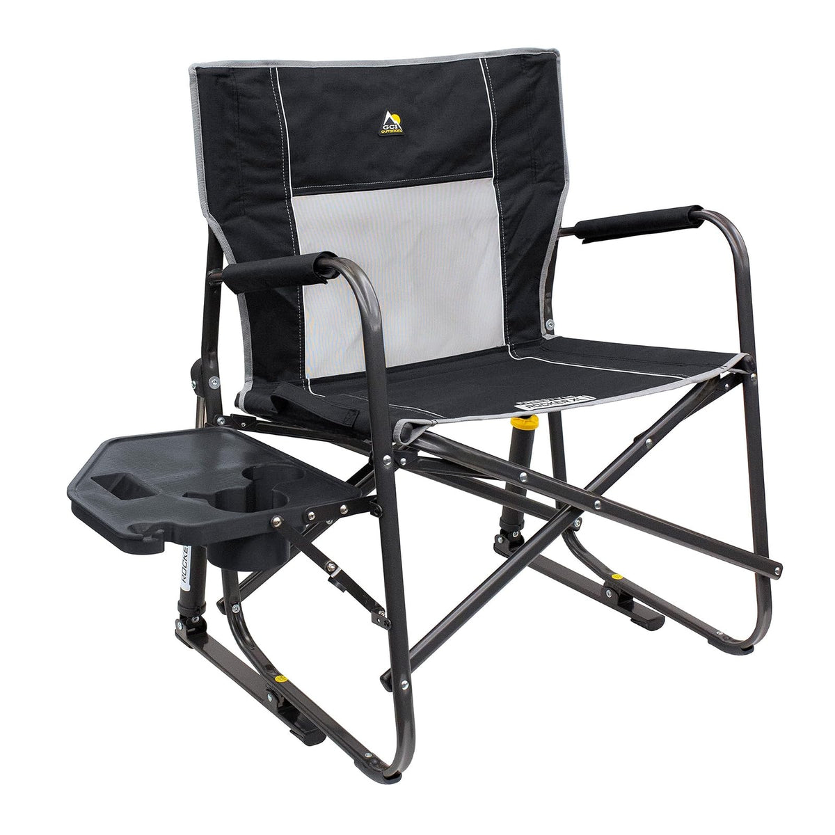 GCI Outdoor Freestyle Rocker XL con Mesa Auxiliar Silla de Camping | Mecedora Plegable portátil con reposabrazos sólidos y duraderos, Soporte para Bebidas y Respaldo cómodo, Color Negro - Moderno - Negro -