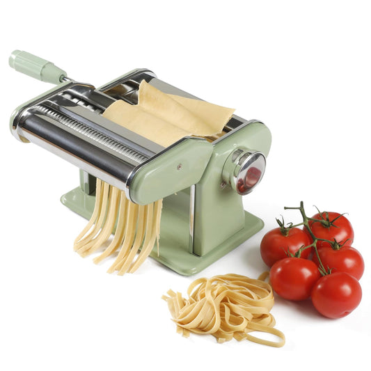 Sur La Table Kitchen Essential Va Bene - Máquina manual para hacer pasta de fideos con rodillos y cortadores, espaguetis, fettuccini, lasaña o bola de masa hervida, acero inoxidable/verde enebro
