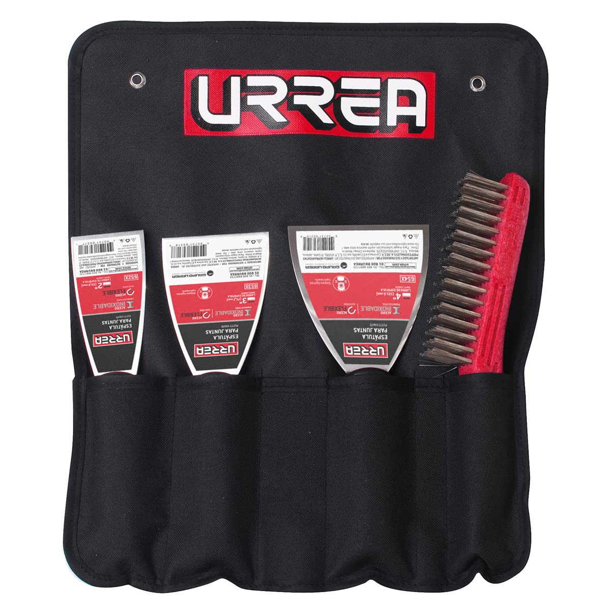 Urrea Herramientas 6501 x Juego de 3 Espátulas Flexibles de Acero Inoxidable con Cepillo de Alambre - Espátulas de 2", 3", 4" y cepillo de alambre.